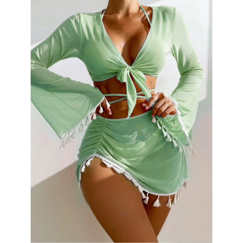 Wholesale Solid Color Tassel Blouse Mesh Skirt Four-piece Swimsuit